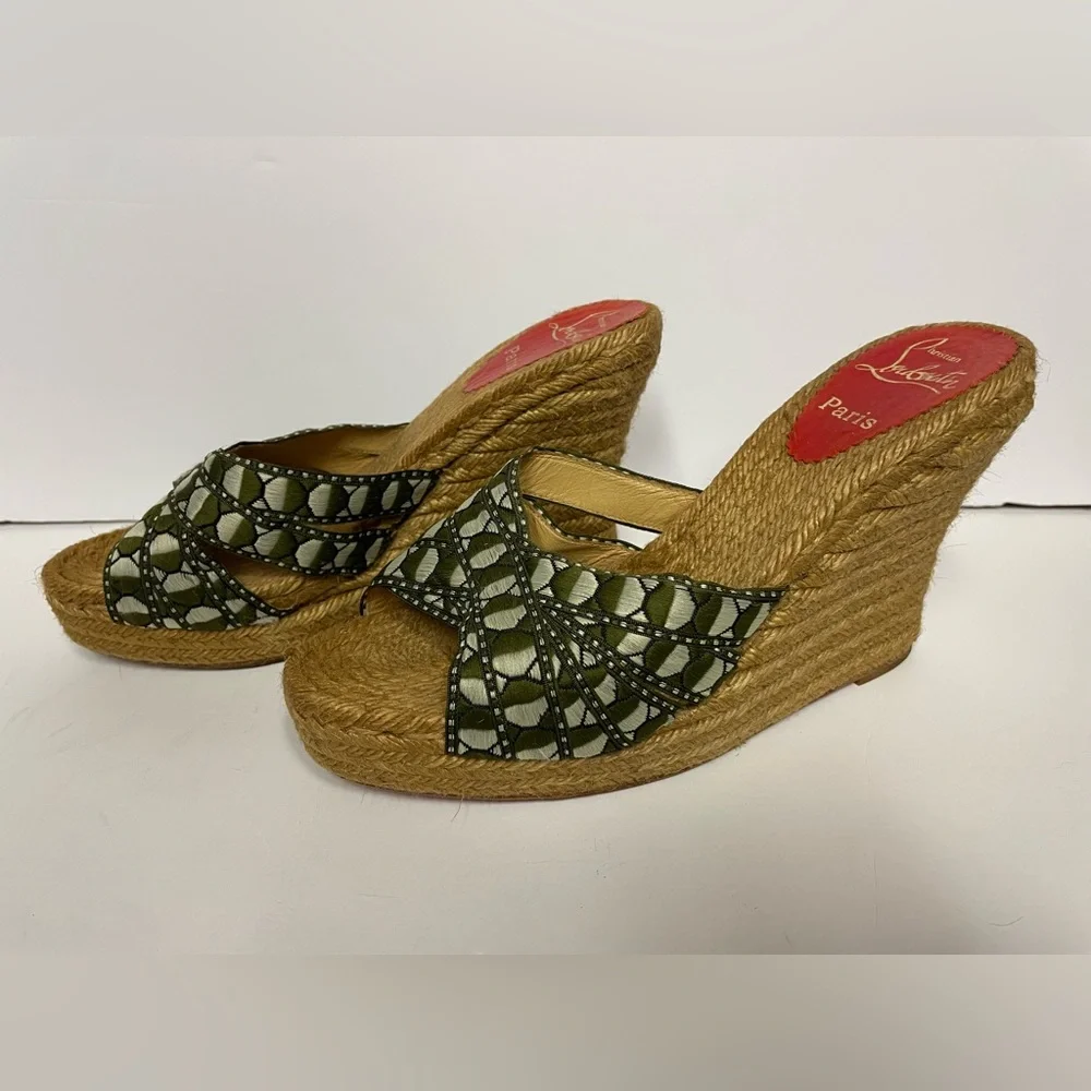 Christian Louboutin vintage green Pattern Espadrille Wedge Sandals 40